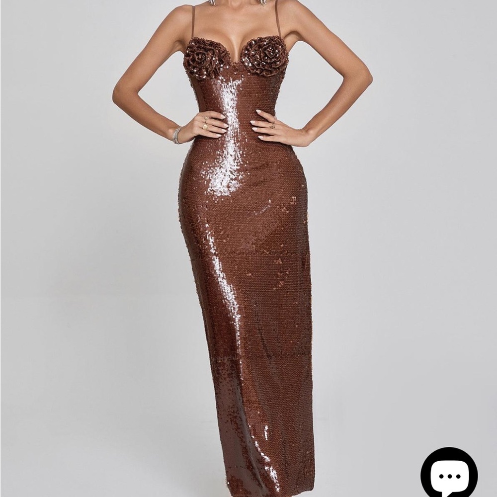 Brown Sequin Maxi dress with rosettes